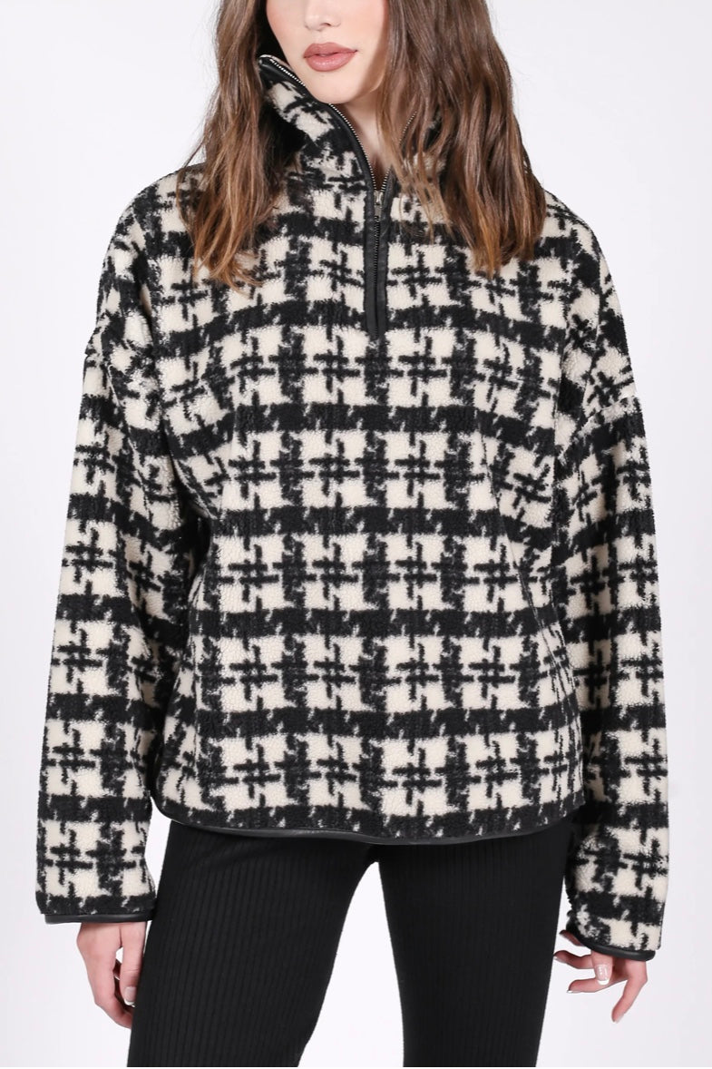 Brunette The Label Houndstooth Sherpa 1/4 Zip Pullover