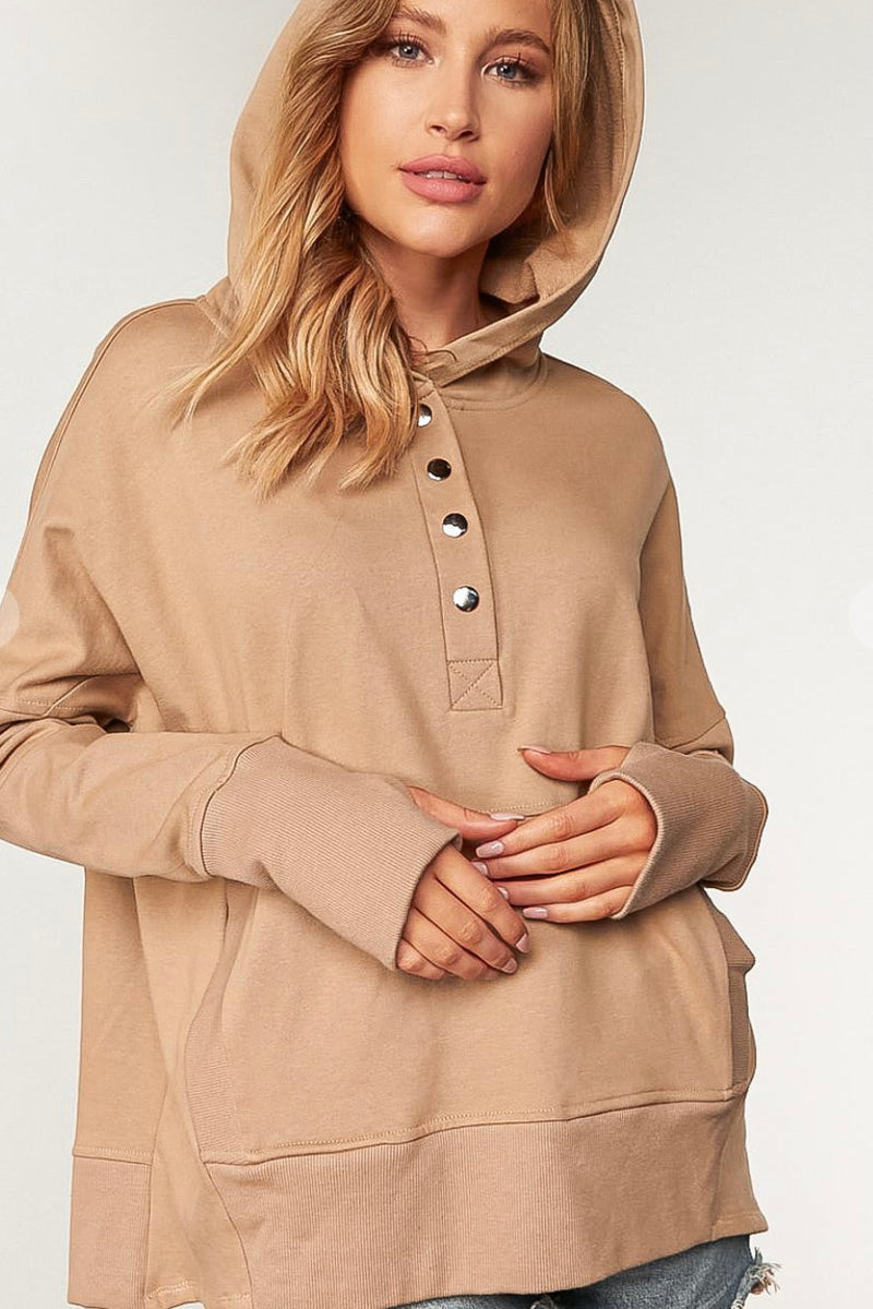 Camel Cotton Terry Hooded Pullover