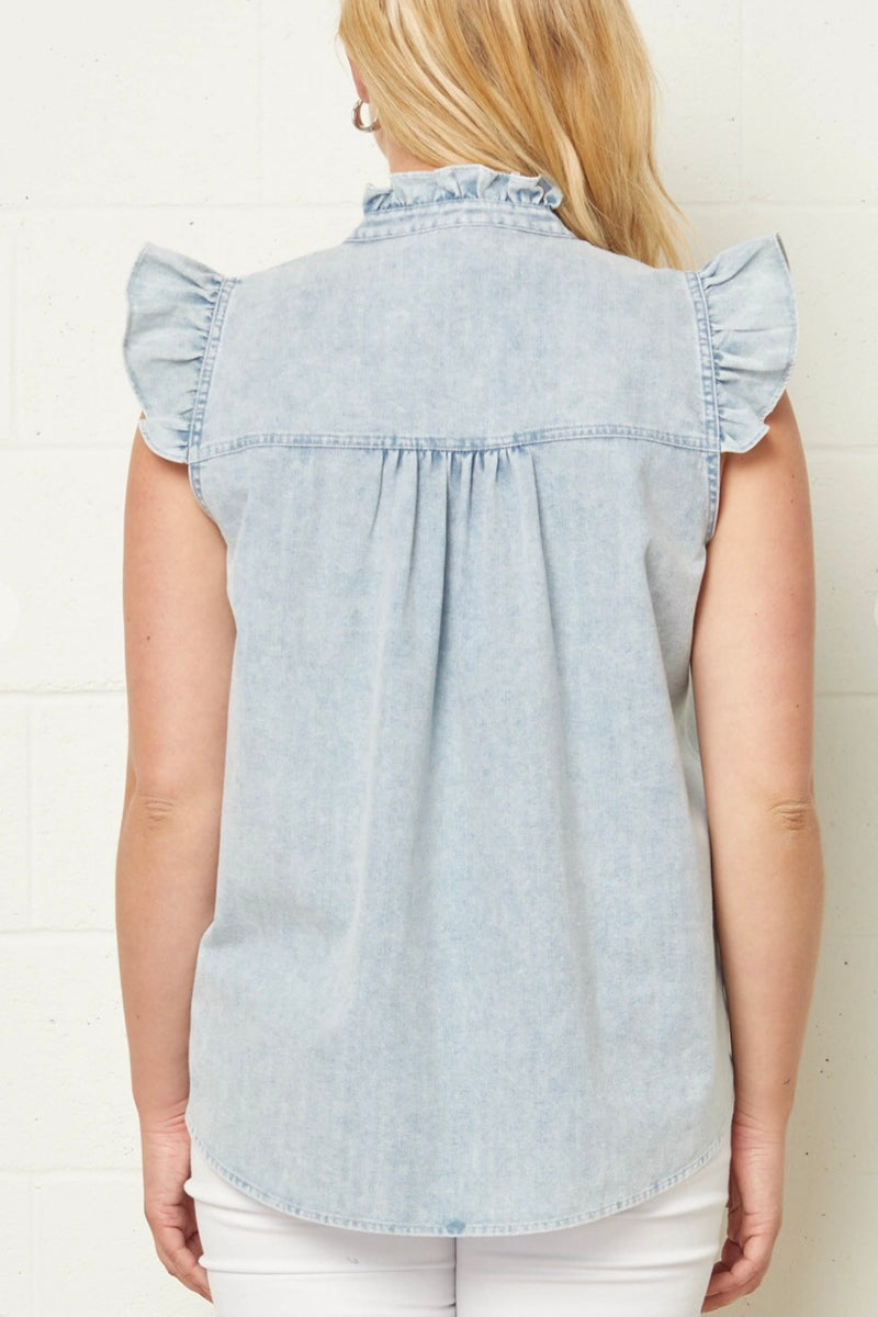 Jenny Sleeveless Ruffle Denim Top - Size XL & 1X