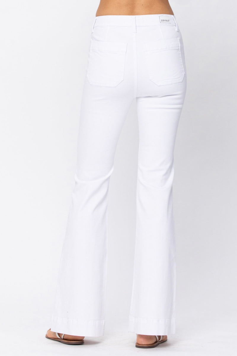 Farrah High Rise Button Front White Flare Jeans