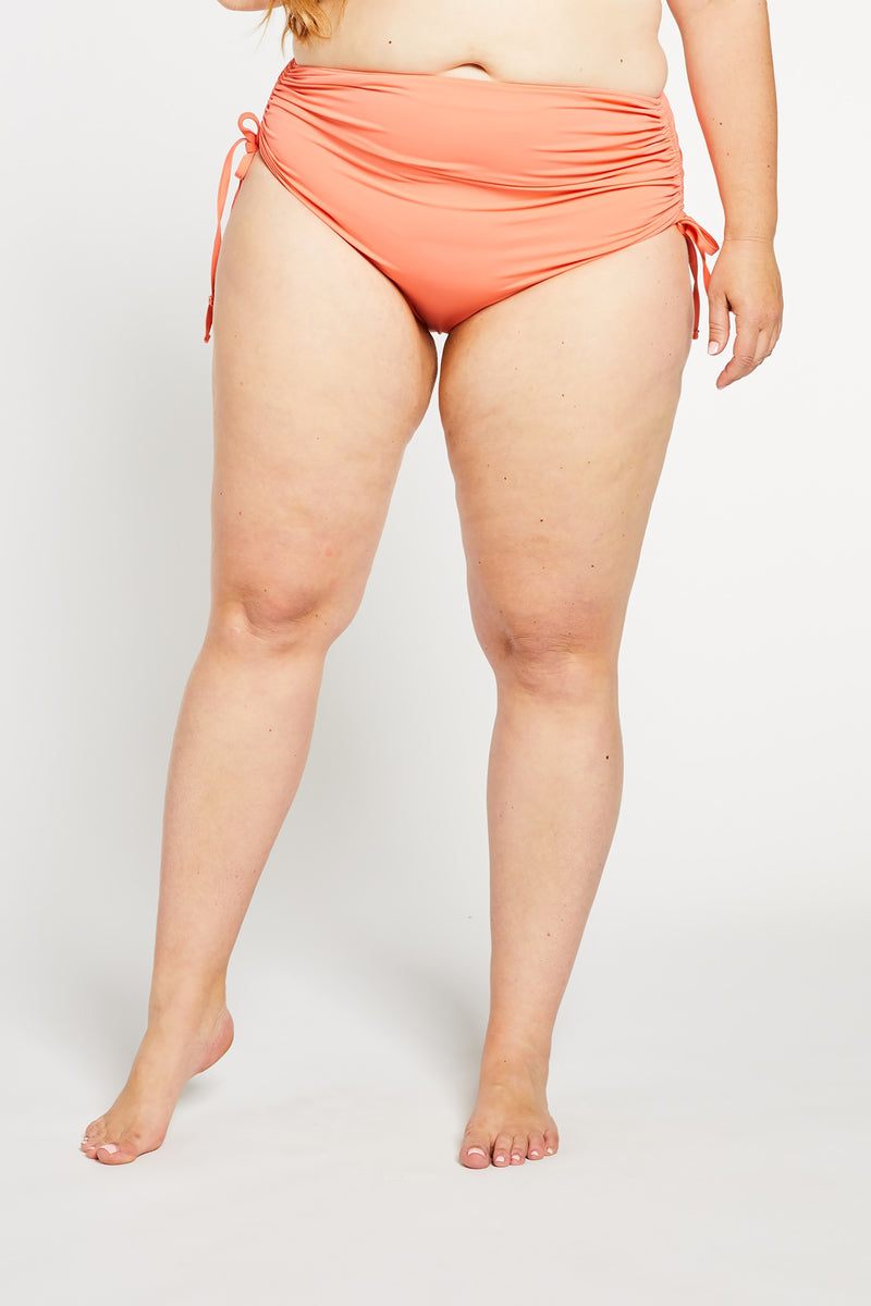 Ruched High Waist Bikini Bottom in Coral