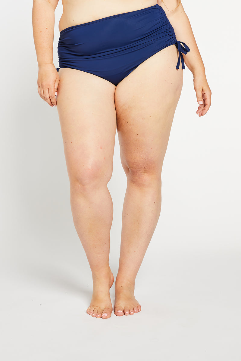 Ruched High Waist Bikini Bottom in Ocean Navy