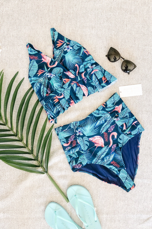 The "Marilyn" Pleated Ruffle Bikini Top in Tropics