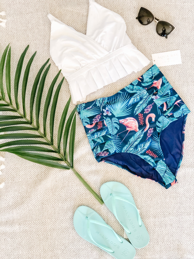 The "Monroe" High Waist Pleated Bikini Bottom in Tropics