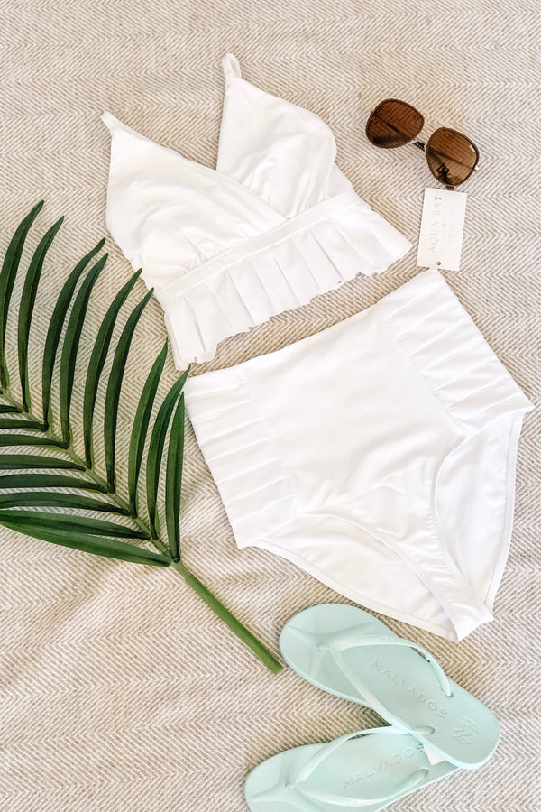 The "Monroe" High Waist Pleated Bikini Bottom in Coconut White