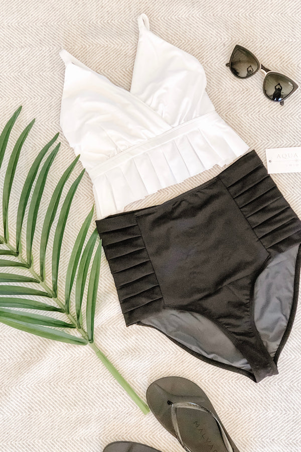 The "Monroe" High Waist Pleated Bikini Bottom in Black