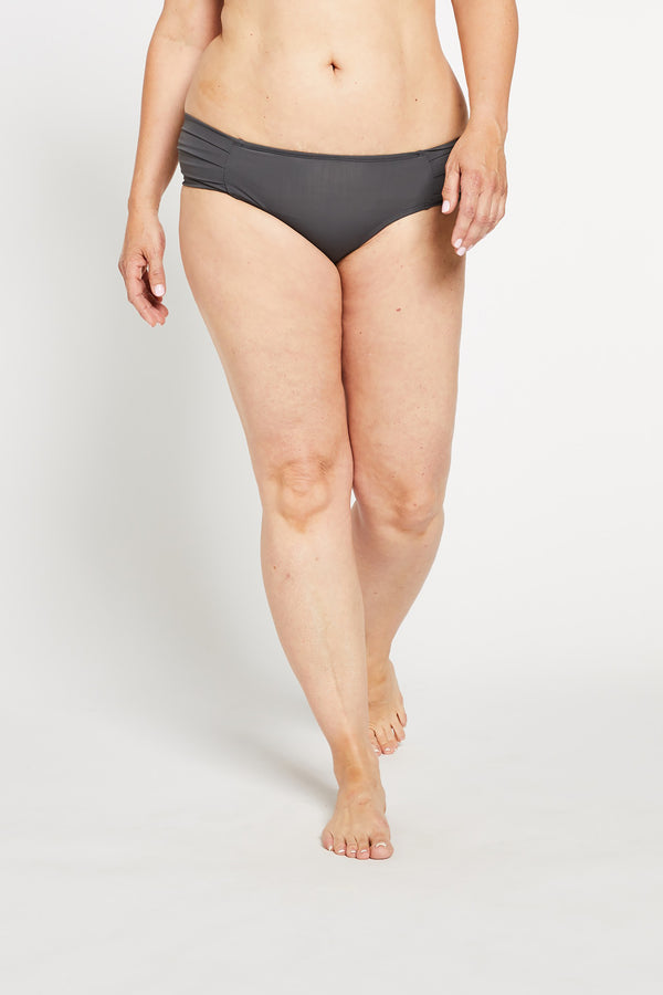 Aqua Bay Swim Co, luxury swimwear, dark grey bikini bottoms, pleated bikini bottoms, full coverage bikini bottoms, stone bikini bottoms